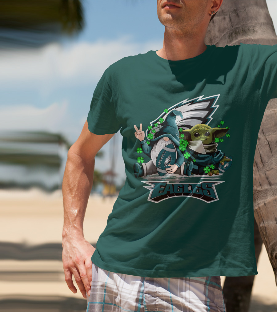 Philadelphia Eagles Leprechauns Gnomes Baby Yoda Hug Football T-Shirt