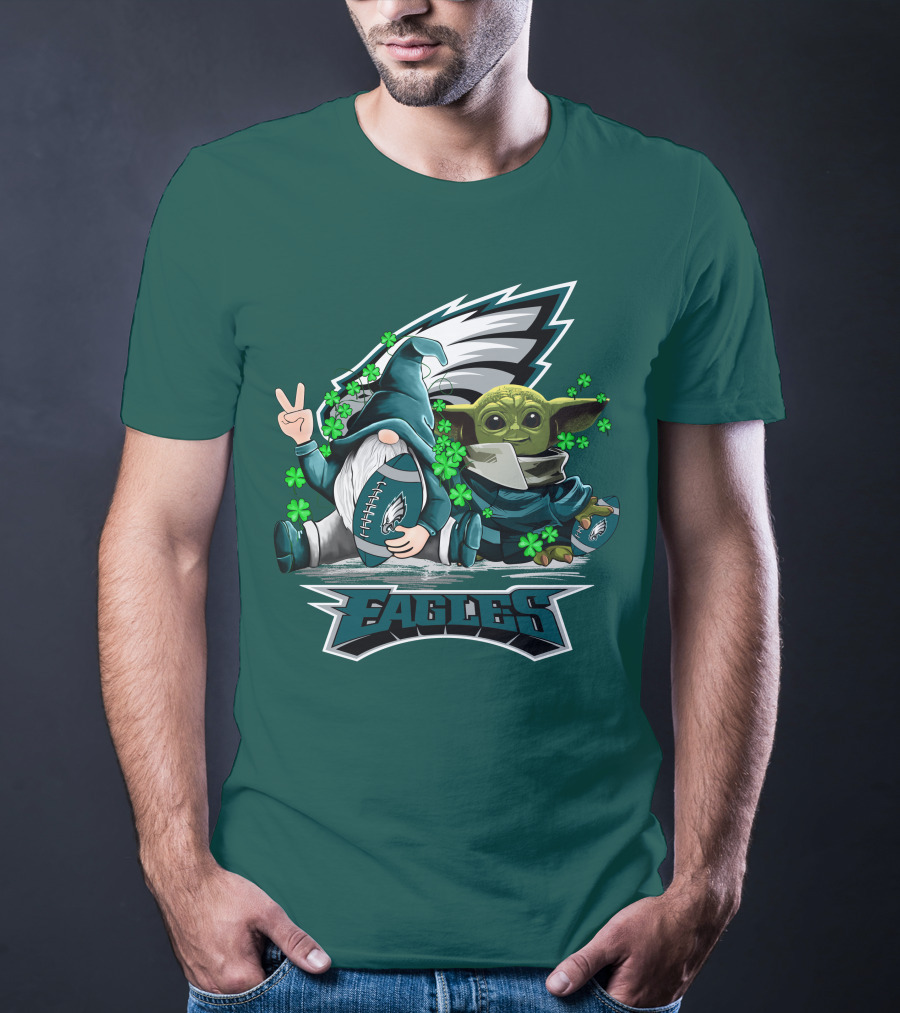Philadelphia Eagles Leprechauns Gnomes Baby Yoda Hug Football T-Shirt