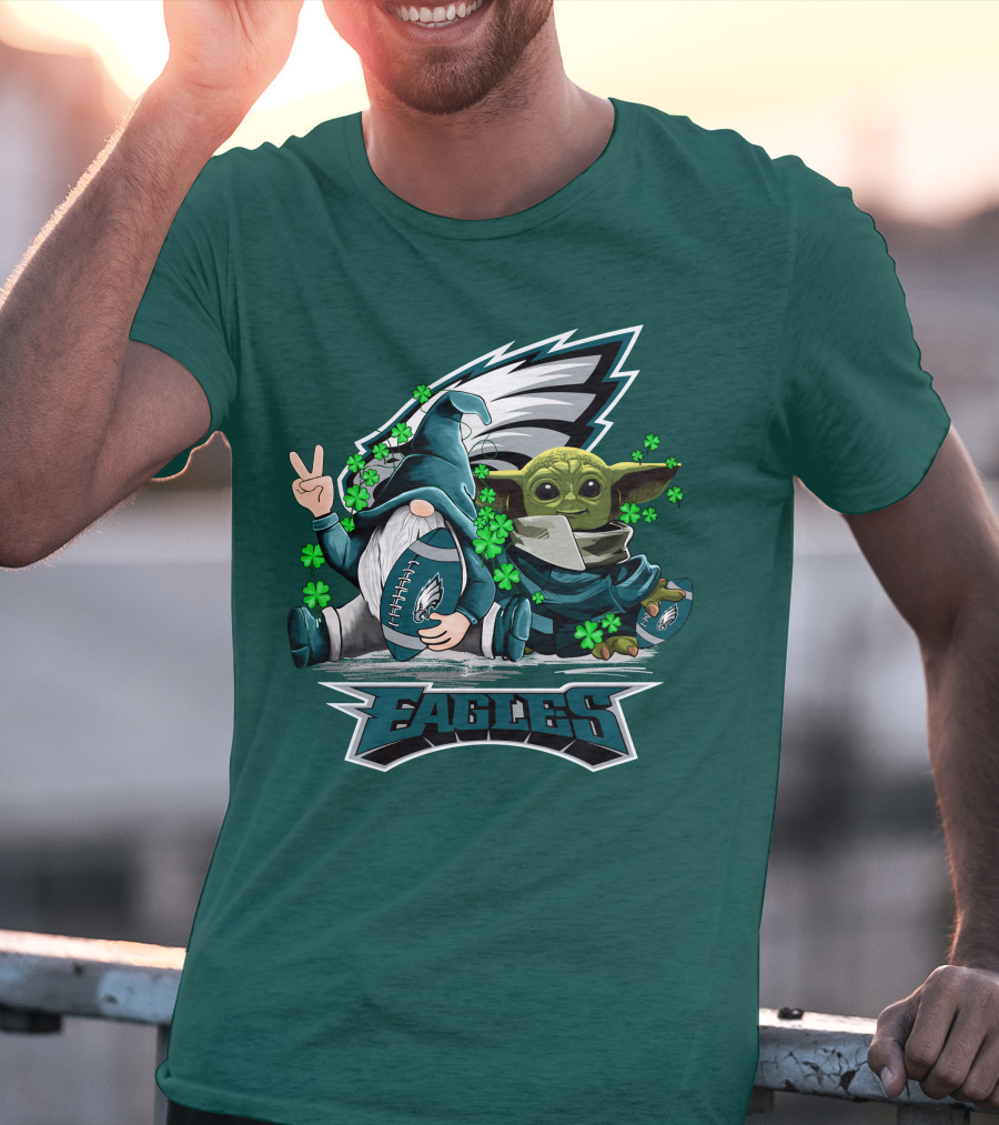 Philadelphia Eagles Leprechauns Gnomes Baby Yoda Hug Football T-Shirt