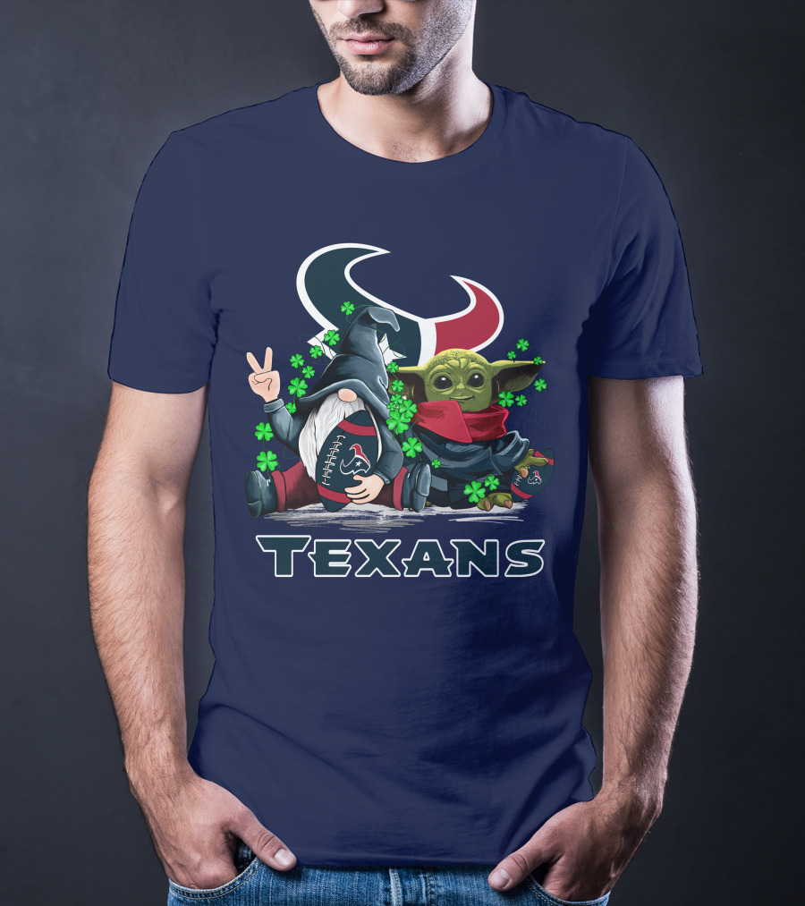 Leprechauns Gnomes Baby Yoda Houston Texans Football Clover T-Shirt