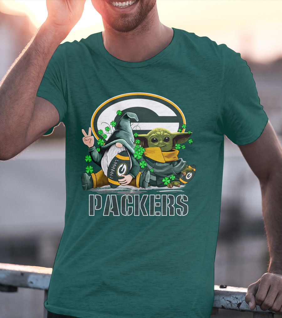 Leprechauns Gnomes Baby Yoda Packers Logo Shamrocks Hug Green Bay T-Shirt