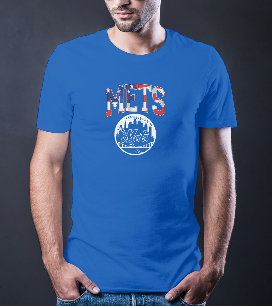 Mets American Flag Skyline Baseball T-Shirt