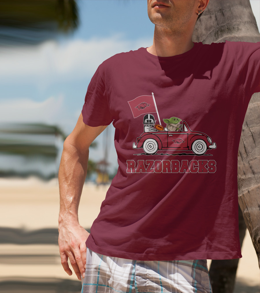 Arkansas Razorbacks Darth Vader Baby Yoda Driving Star Wars Car T-Shirt