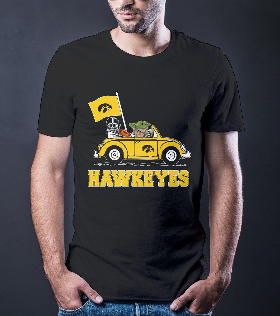 Iowa Hawkeyes Darth Vader Baby Yoda Driving Yellow Car Star Wars T-Shirt