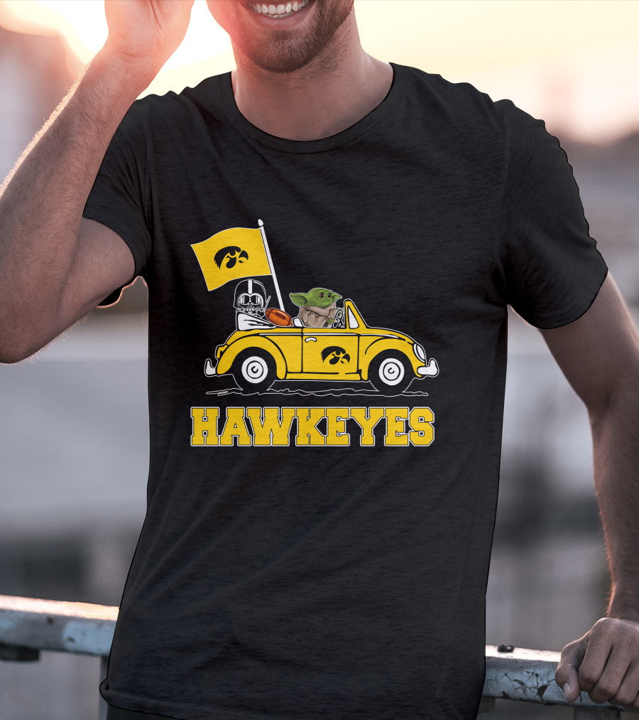 Iowa Hawkeyes Darth Vader Baby Yoda Driving Yellow Car Star Wars T-Shirt