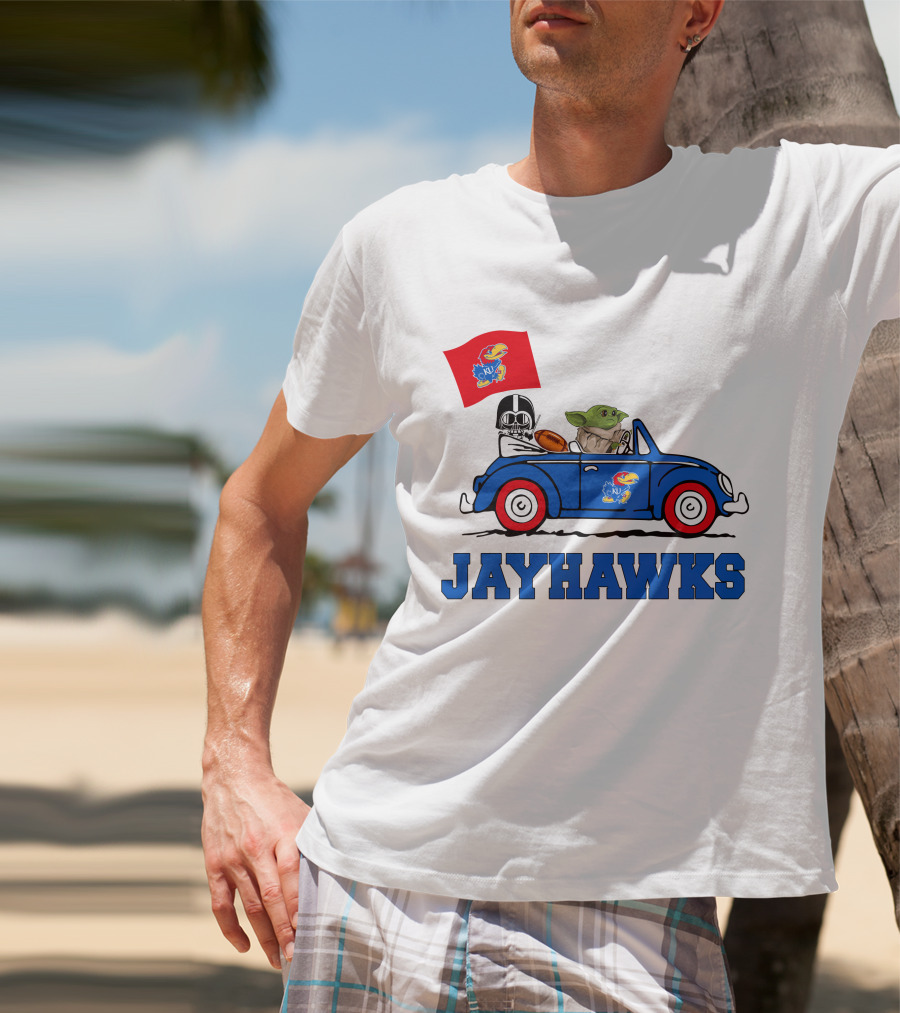 Kansas Jayhawks Darth Vader Baby Yoda Driving With Flag Star Wars Football T-Shirt