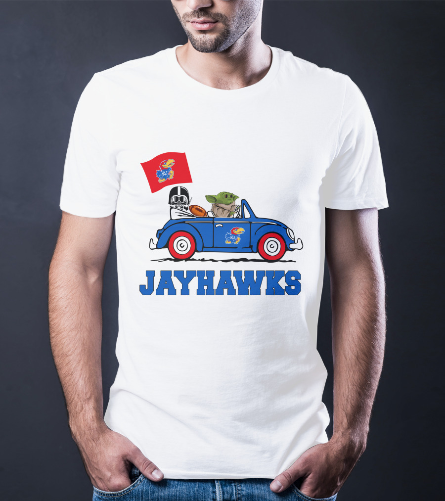 Kansas Jayhawks Darth Vader Baby Yoda Driving With Flag Star Wars Football T-Shirt