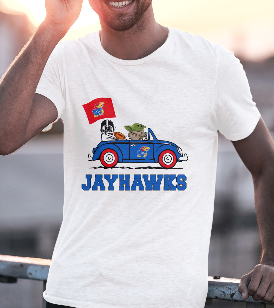 Kansas Jayhawks Darth Vader Baby Yoda Driving With Flag Star Wars Football T-Shirt