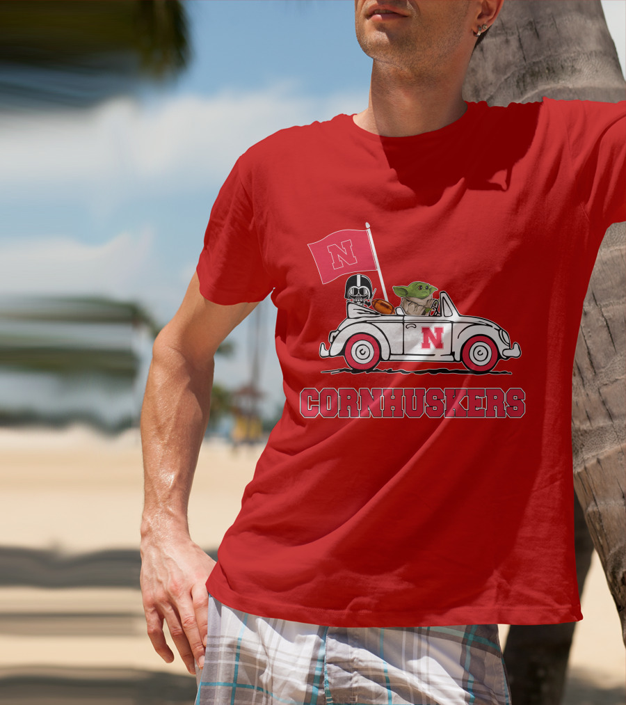 Cornhuskers Darth Vader Baby Yoda Driving Nebraska Car Star Wars T-Shirt
