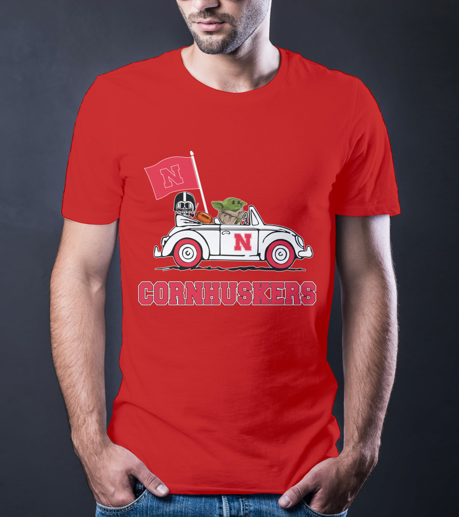 Cornhuskers Darth Vader Baby Yoda Driving Nebraska Car Star Wars T-Shirt
