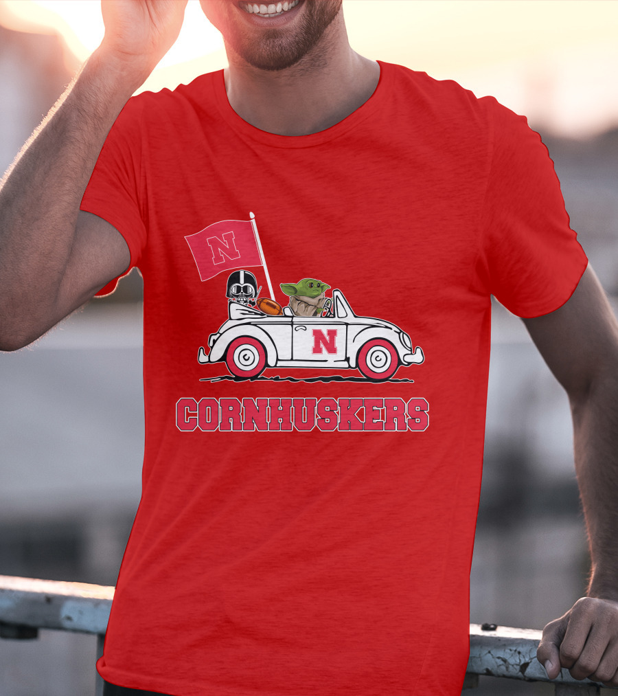 Cornhuskers Darth Vader Baby Yoda Driving Nebraska Car Star Wars T-Shirt