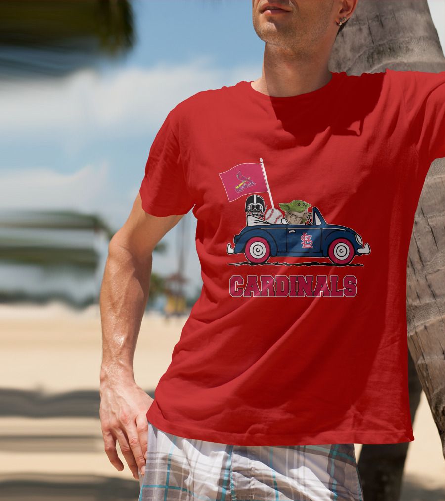 St Louis Cardinals Darth Vader Baby Yoda Driving Car Star Wars Baseball T-Shirt