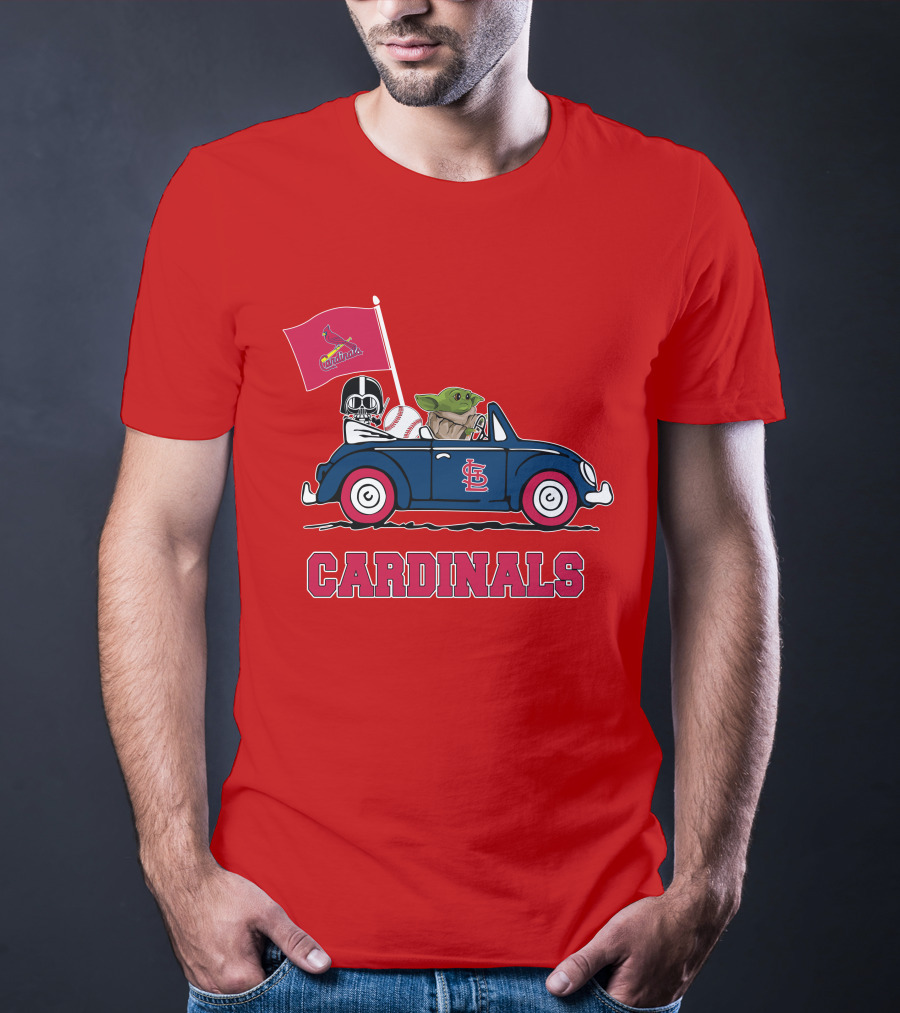 St Louis Cardinals Darth Vader Baby Yoda Driving Car Star Wars Baseball T-Shirt