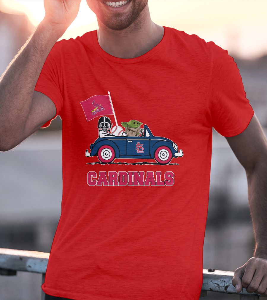 St Louis Cardinals Darth Vader Baby Yoda Driving Car Star Wars Baseball T-Shirt