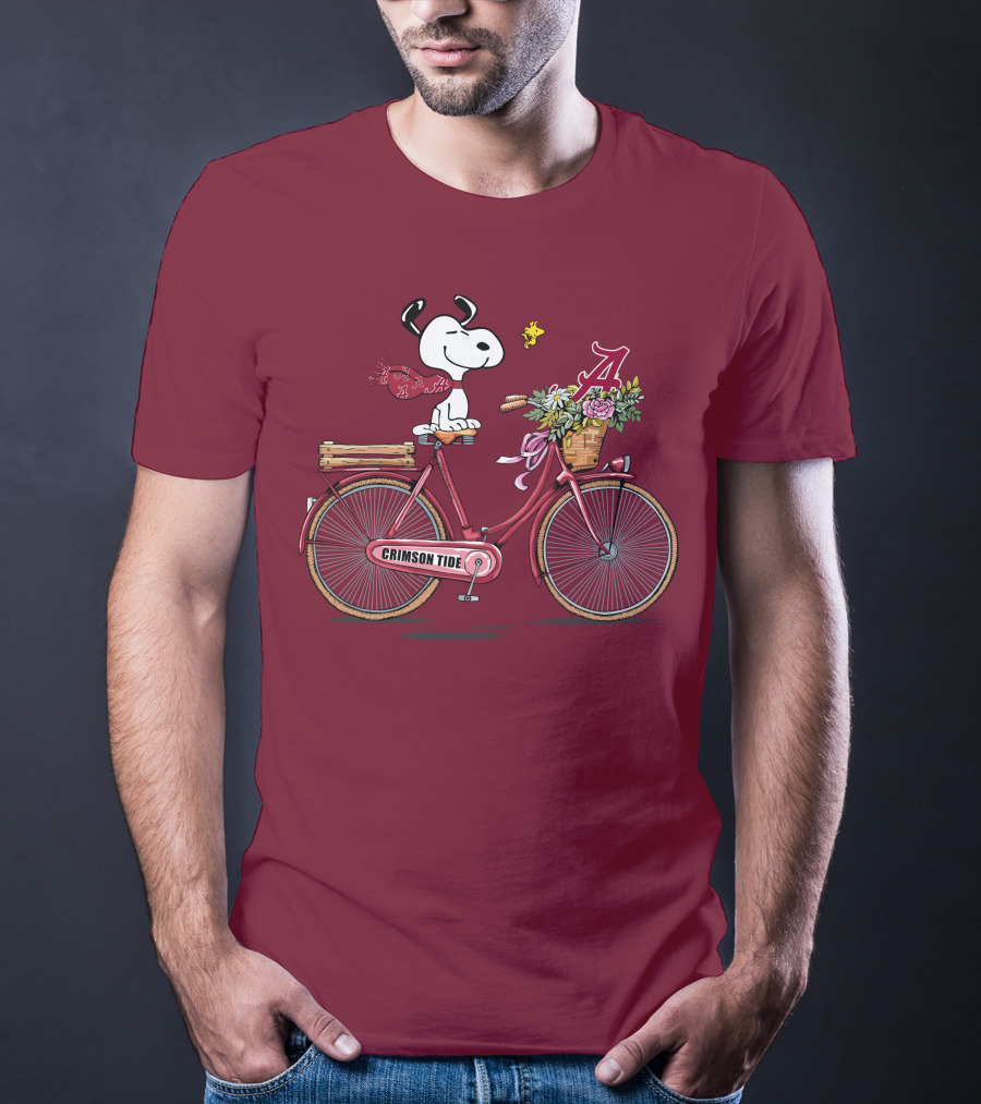 Alabama Crimson Tide Snoopy On Bicycle With Flowers And Woodstock T-Shirt