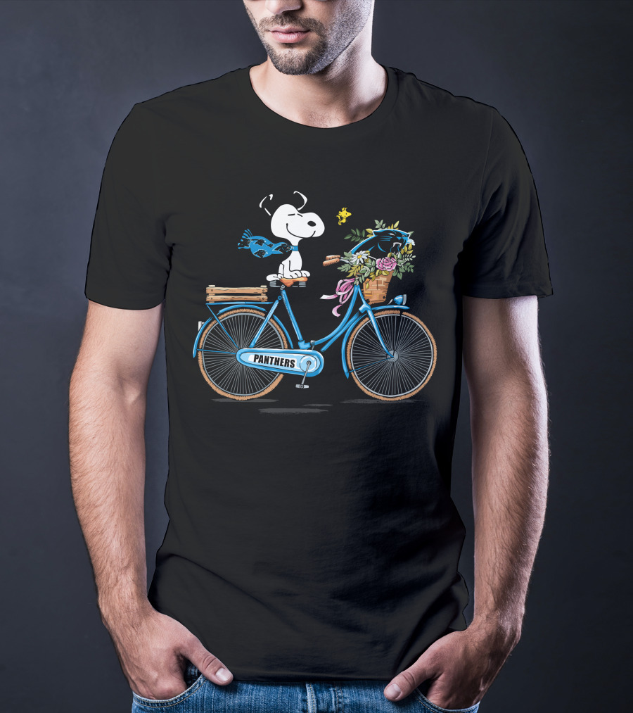 Panthers Snoopy On Bicycle With Flowers And Woodstock T-Shirt