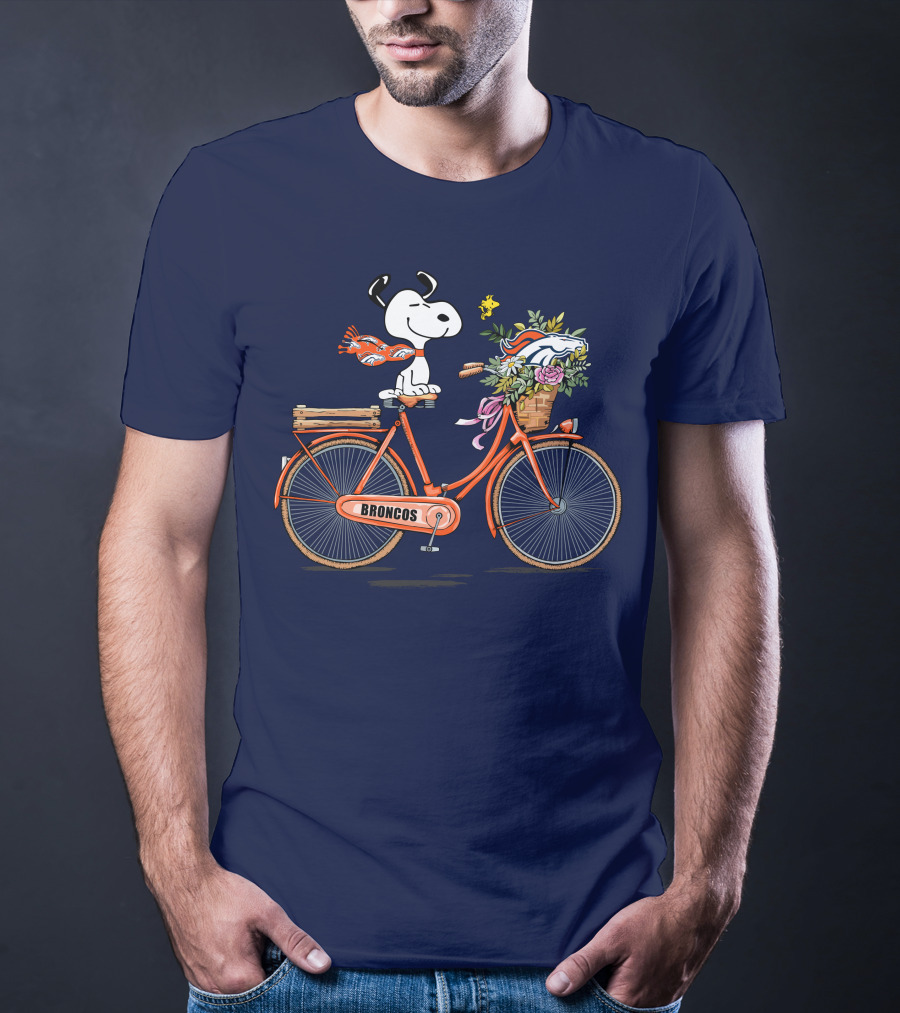 Denver Broncos Snoopy On Bicycle With Woodstock And Helmet T-Shirt