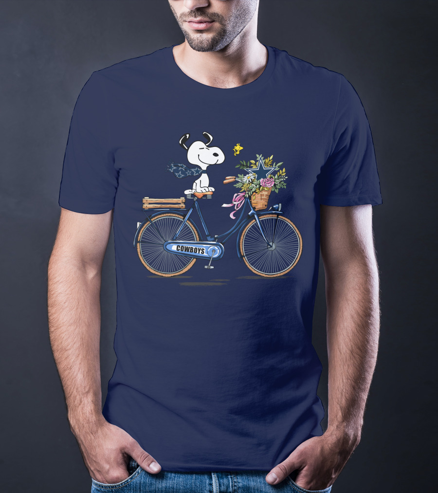 Dallas Cowboys Snoopy On Bicycle With Flowers And Star Basket T-Shirt