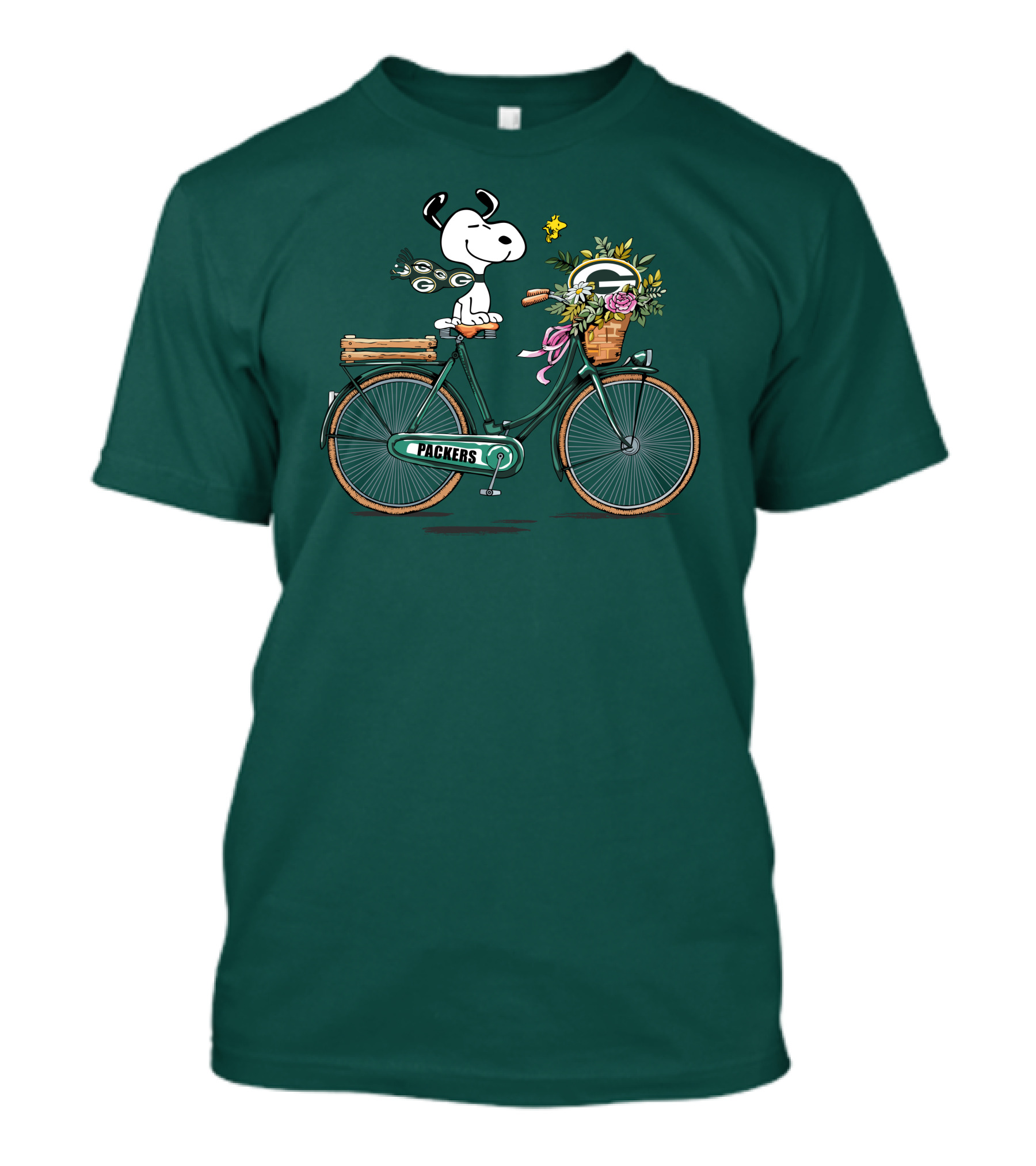 Packers Snoopy On Bicycle With Flowers And Woodstock T-Shirt