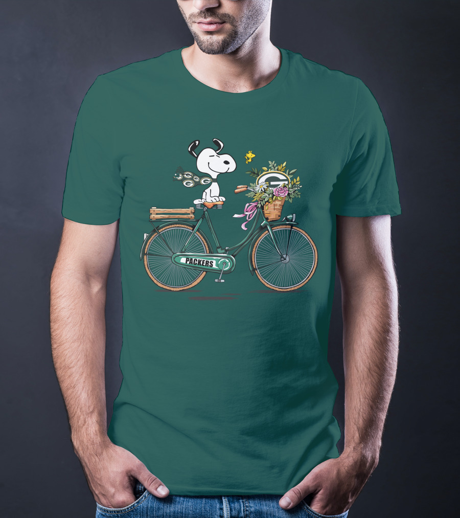 Packers Snoopy On Bicycle With Flowers And Woodstock T-Shirt