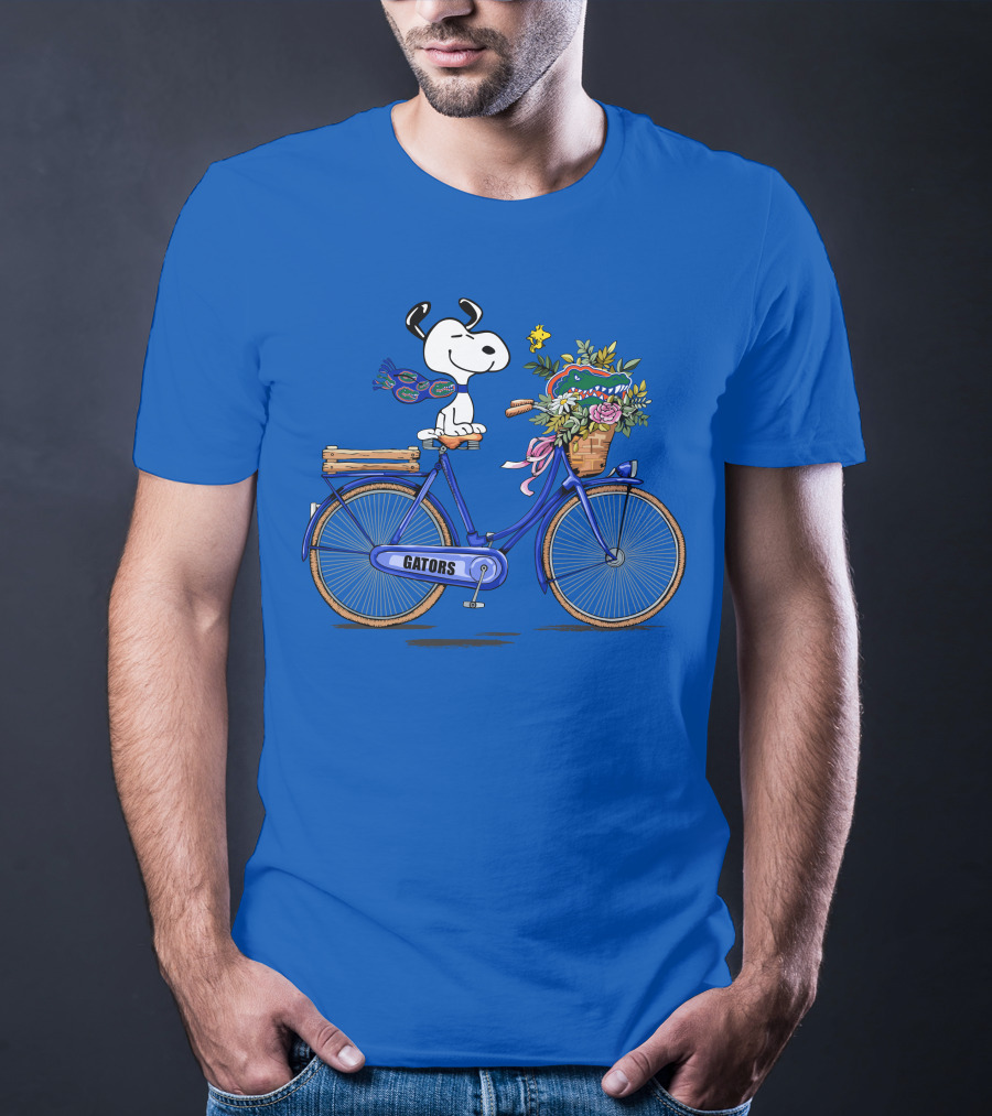 Snoopy Riding Gators Bike With Florida Gators Logo And Basket Of Flowers T-Shirt