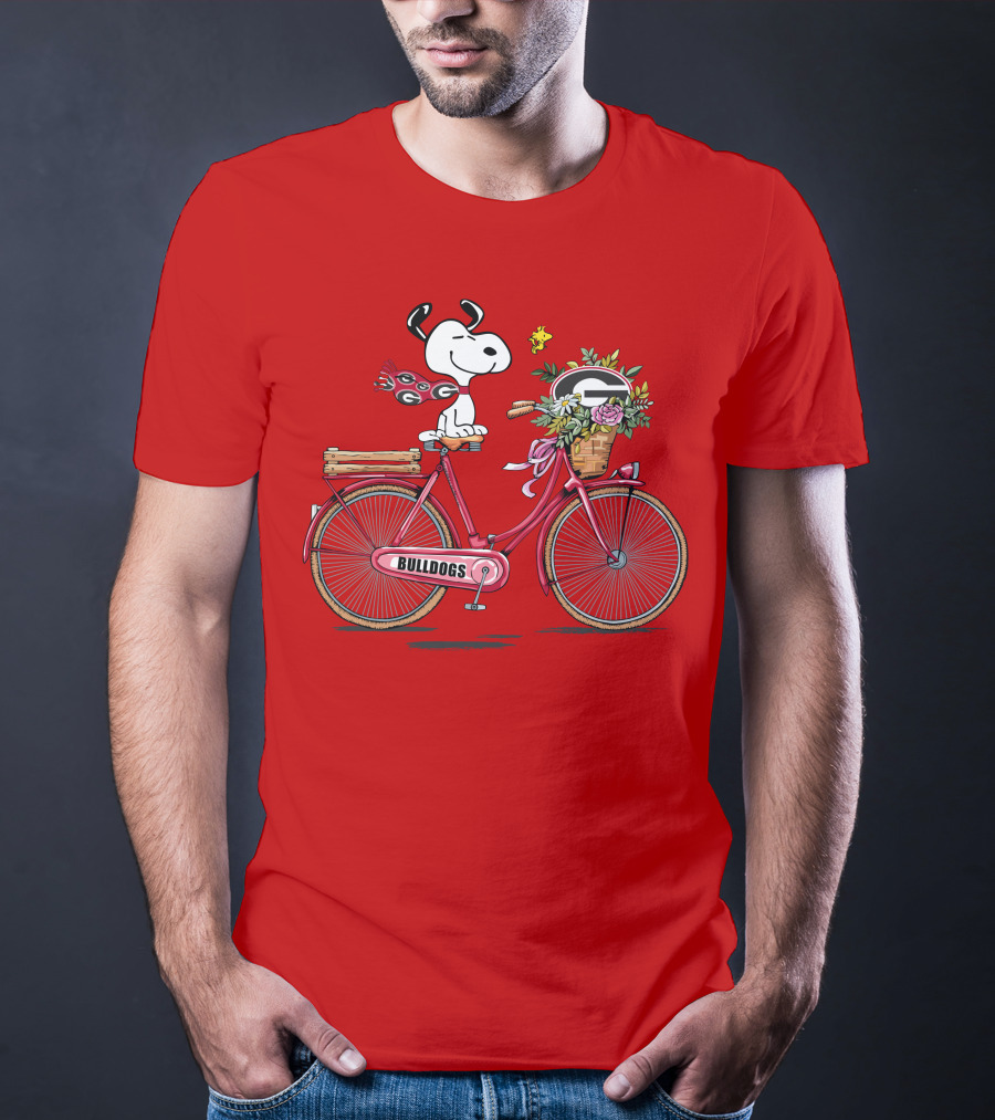Georgia Bulldogs Snoopy Riding Bike With Flowers T-Shirt