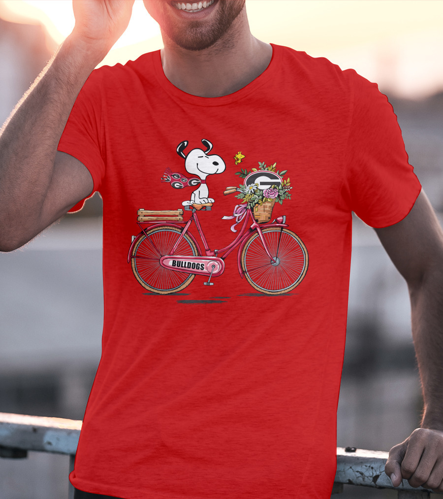 Georgia Bulldogs Snoopy Riding Bike With Flowers T-Shirt