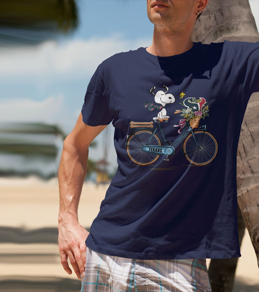 Texans Snoopy Bike Ride With Houston Logo And Flowers T-Shirt