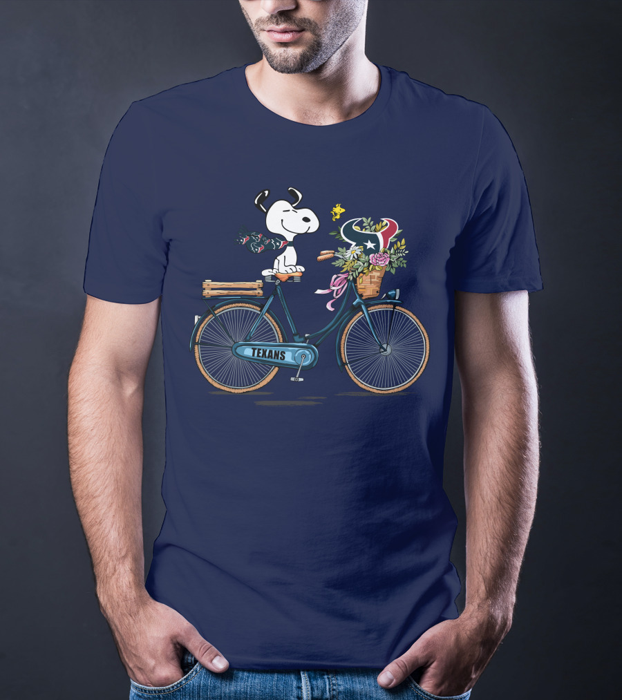 Texans Snoopy Bike Ride With Houston Logo And Flowers T-Shirt