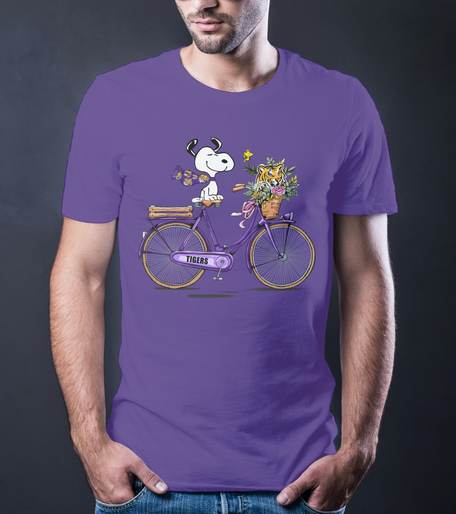 Snoopy Riding Purple Bicycle With LSU Tigers Bouquet T-Shirt