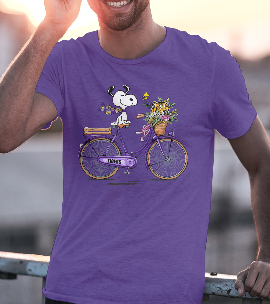 Snoopy Riding Purple Bicycle With LSU Tigers Bouquet T-Shirt