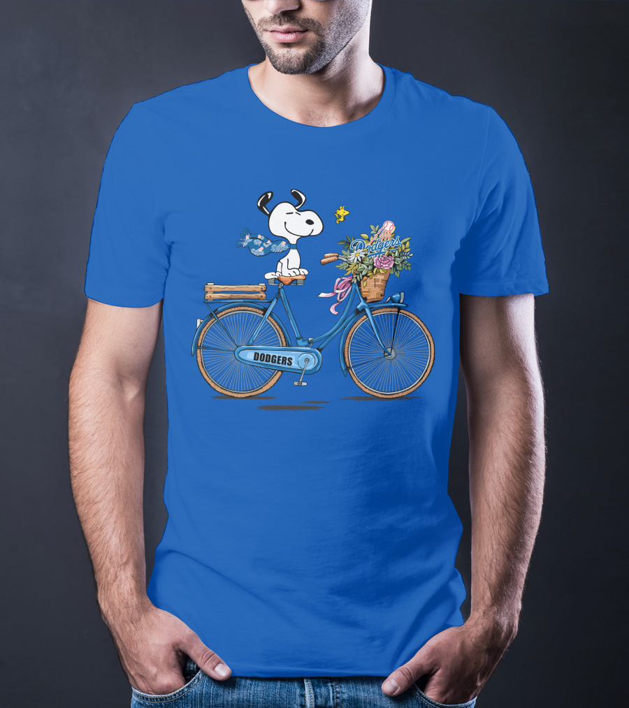 Los Angeles Dodgers Snoopy Riding Bicycle With Woodstock And Flowers T-Shirt