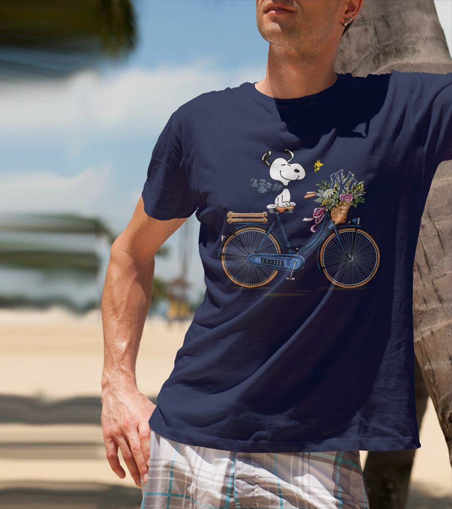 New York Yankees Snoopy On Bicycle With Woodstock And Flowers T-Shirt