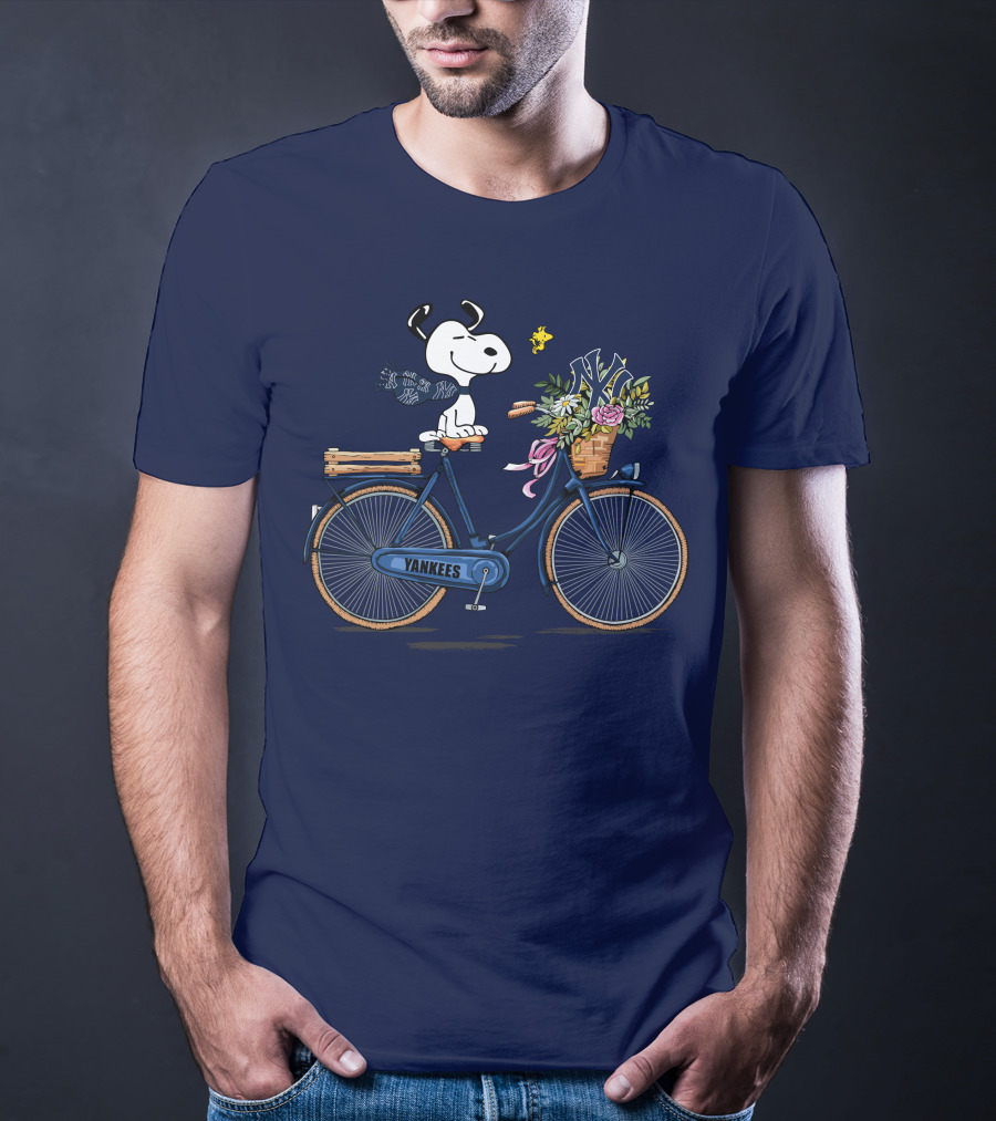 New York Yankees Snoopy On Bicycle With Woodstock And Flowers T-Shirt