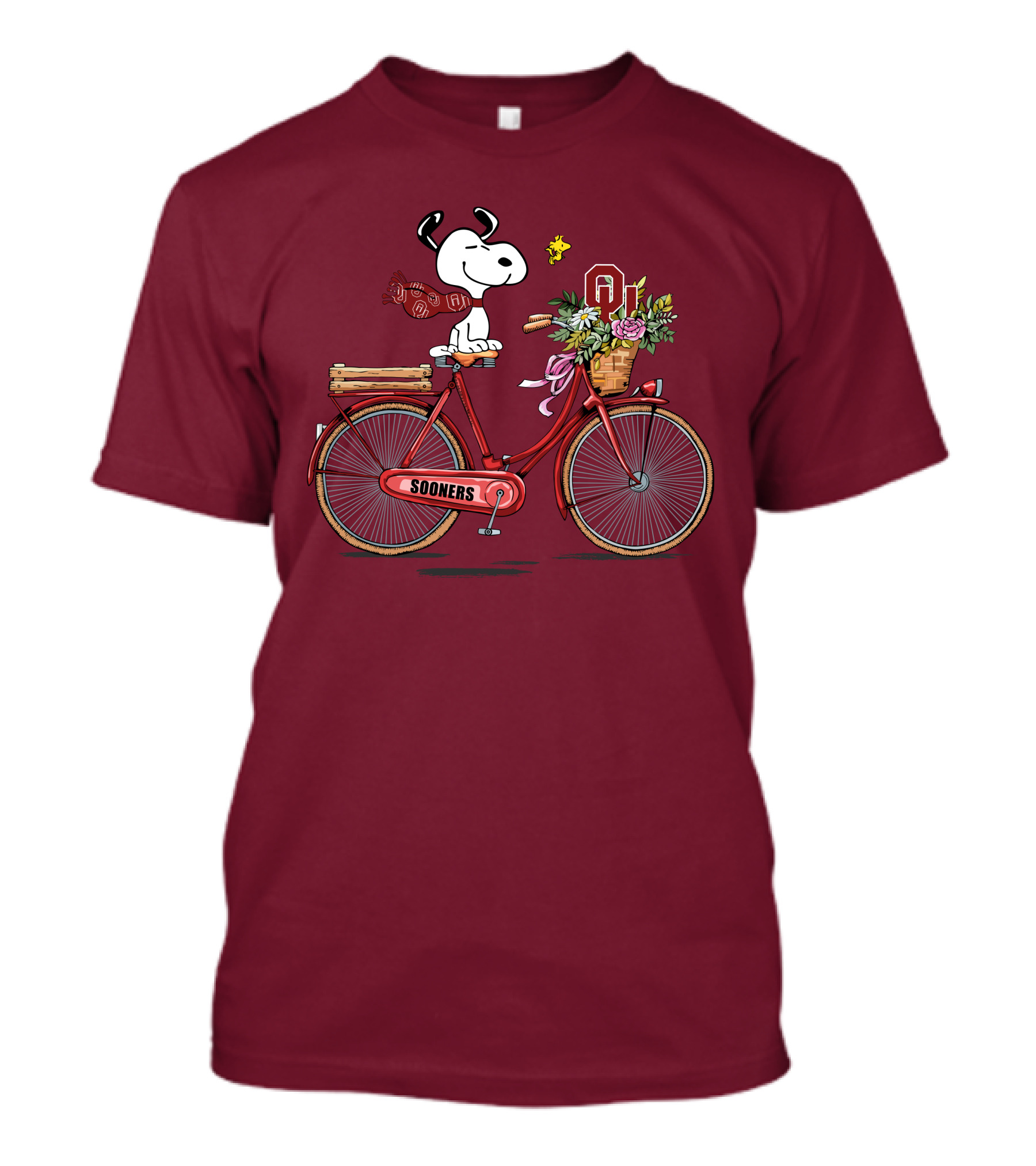 Oklahoma Sooners Snoopy Bicycle Flowers Woodstock T-Shirt