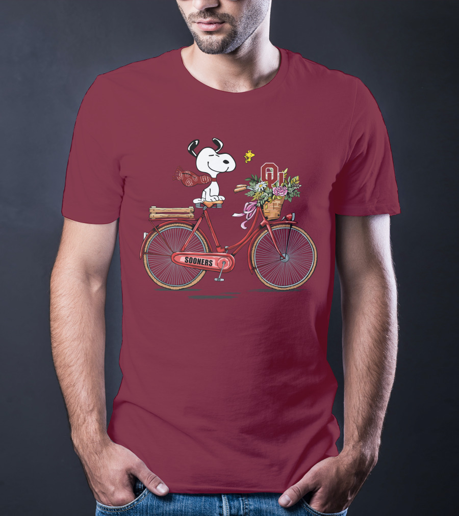 Oklahoma Sooners Snoopy Bicycle Flowers Woodstock T-Shirt