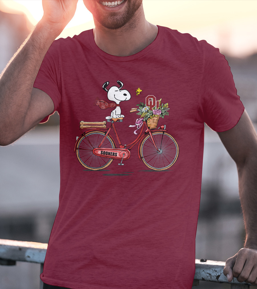 Oklahoma Sooners Snoopy Bicycle Flowers Woodstock T-Shirt