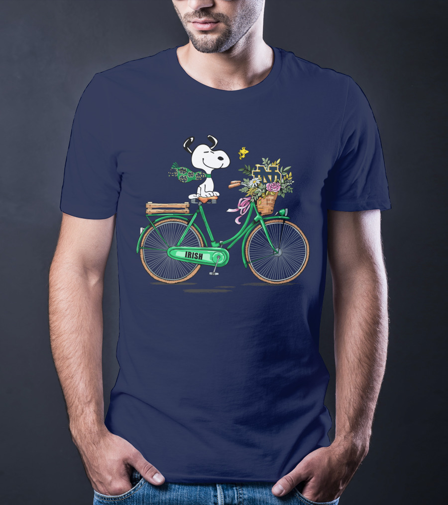 Notre Dame Fighting Irish Snoopy On Bicycle With Flowers And Woodstock T-Shirt