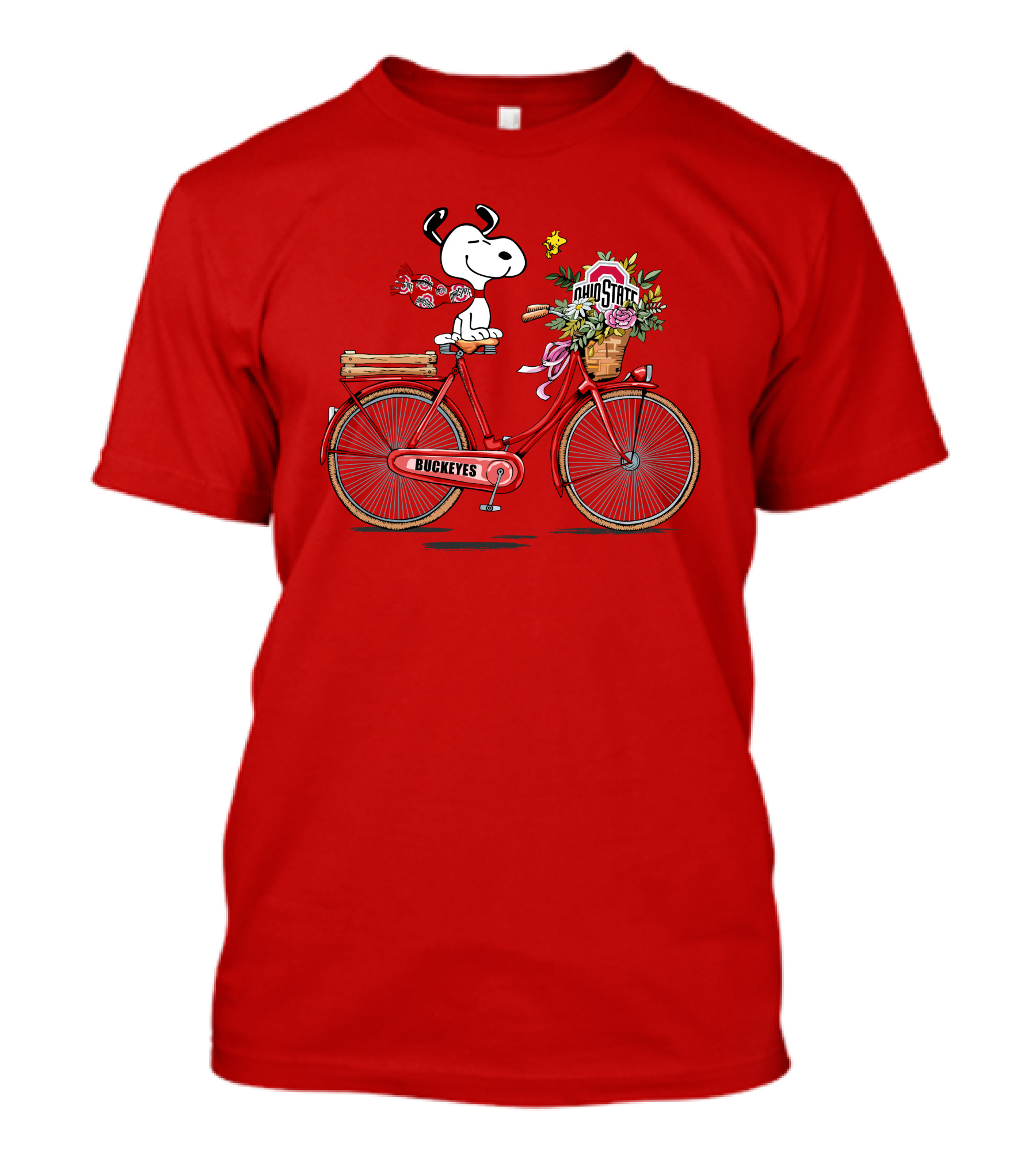 Ohio State Buckeyes Snoopy On Bicycle With Woodstock And Flowers T-Shirt