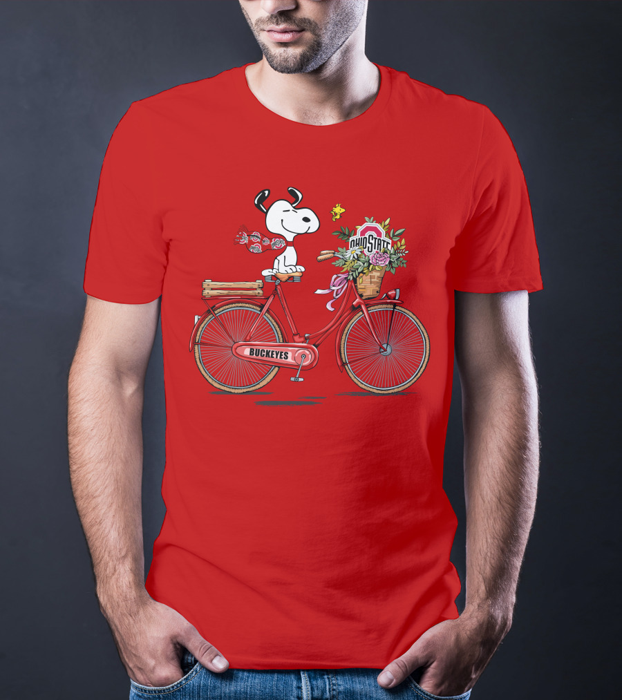 Ohio State Buckeyes Snoopy On Bicycle With Woodstock And Flowers T-Shirt