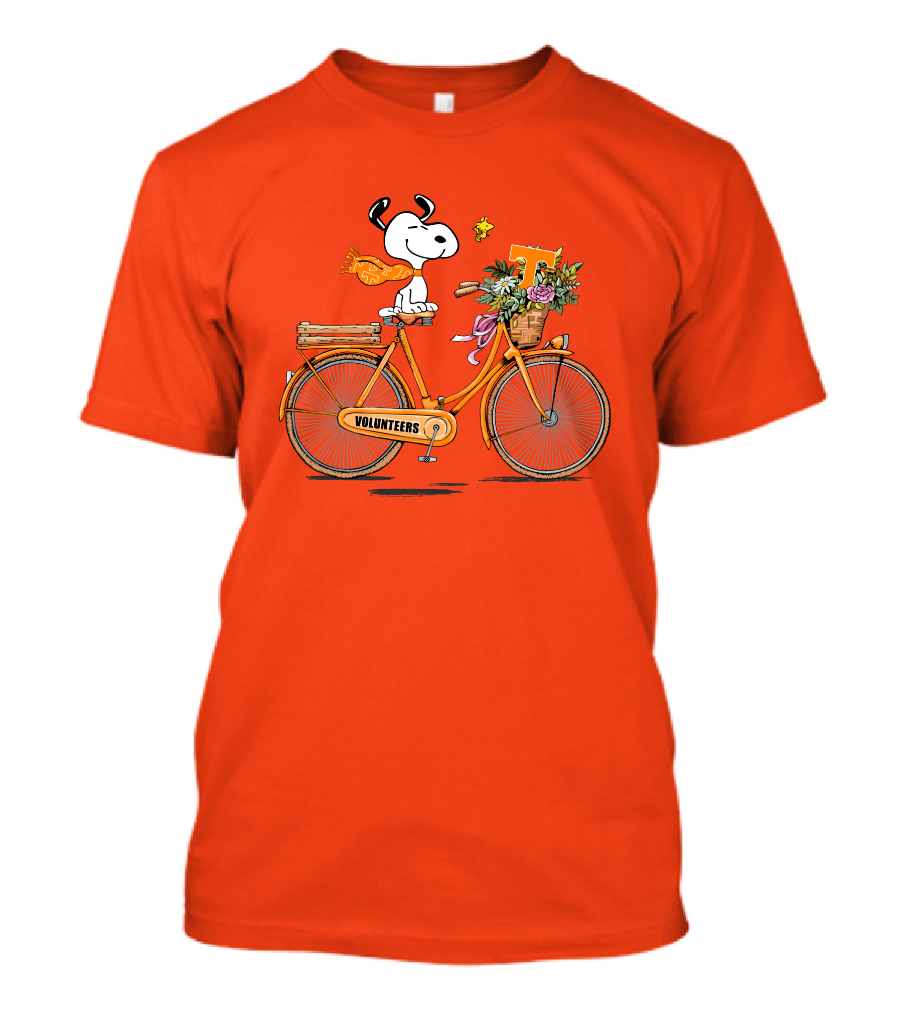 Tennessee Volunteers Snoopy On Bicycle With Flowers And Woodstock T-Shirt