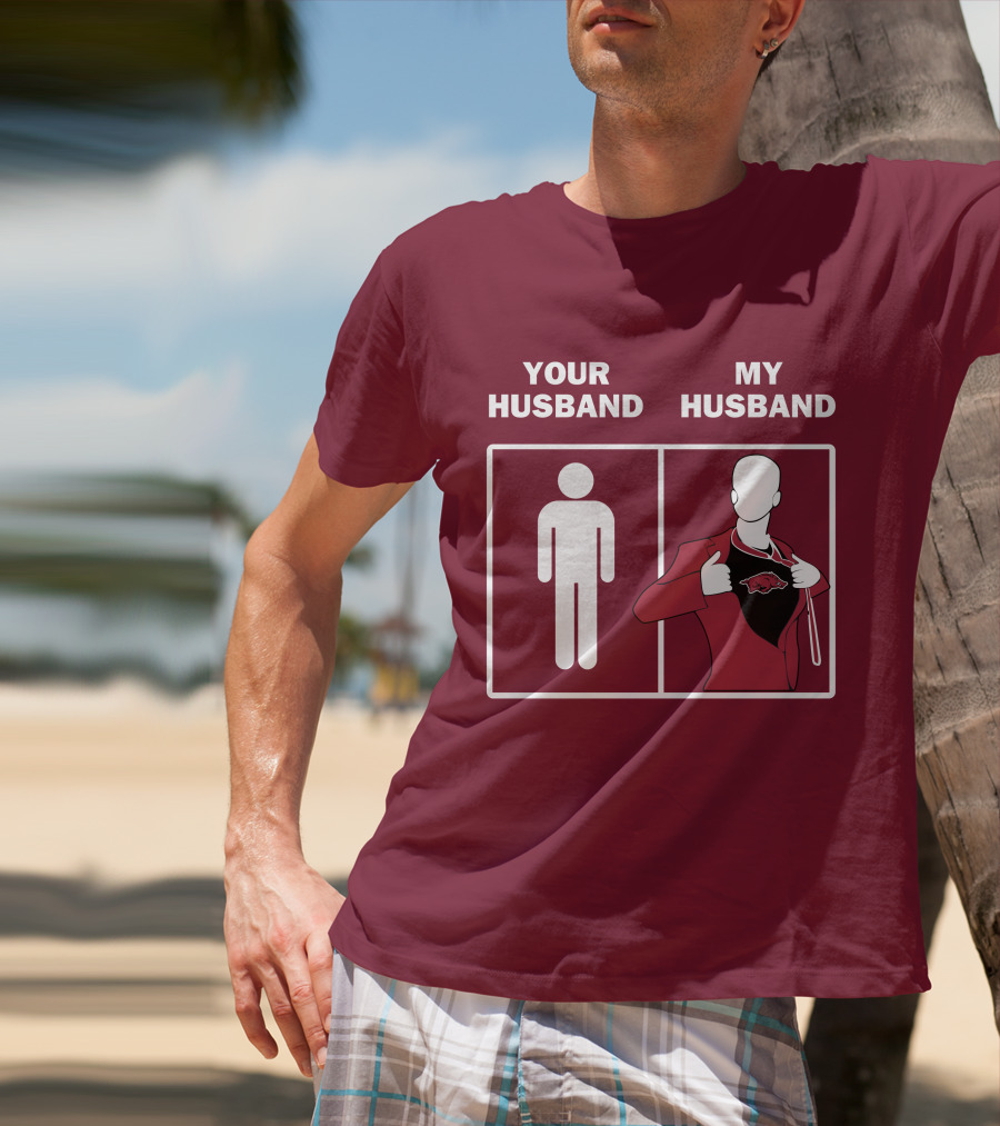 Arkansas Razorbacks Your Husband My Husband Superhero Fan Comparison T-Shirt