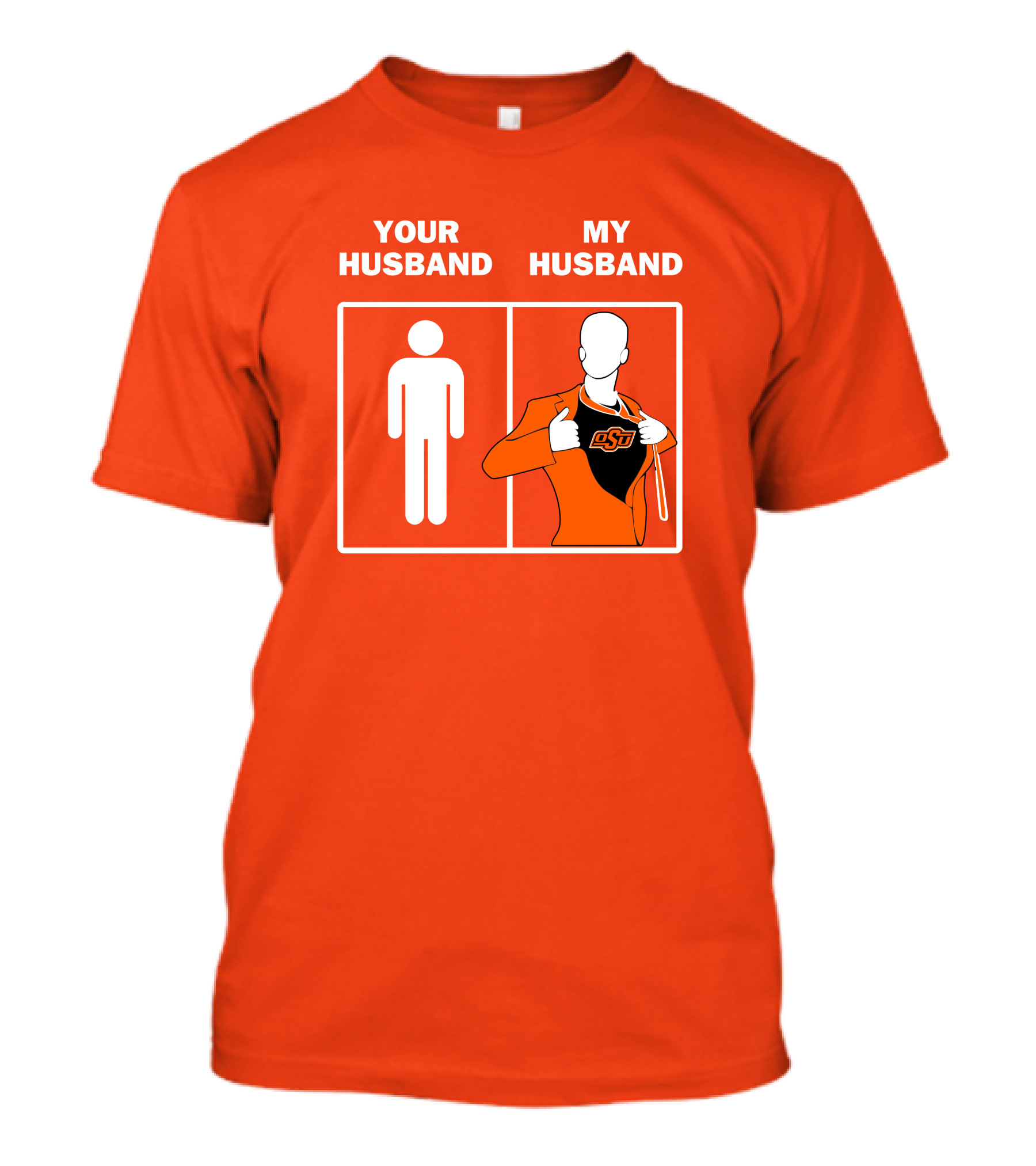 Oklahoma State Cowboys Your Husband My Husband OSU Logo Superhero Orange Suit T-Shirt
