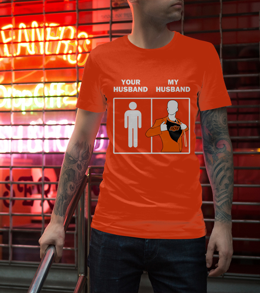 Oklahoma State Cowboys Your Husband My Husband OSU Logo Superhero Orange Suit T-Shirt