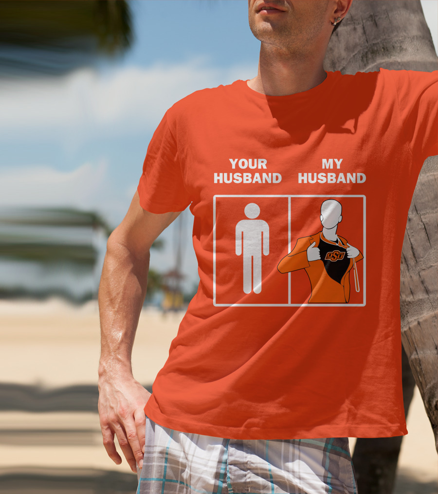 Oklahoma State Cowboys Your Husband My Husband OSU Logo Superhero Orange Suit T-Shirt