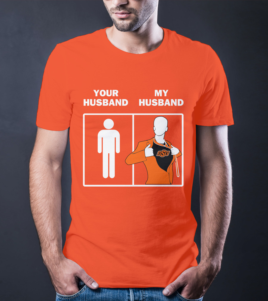 Oklahoma State Cowboys Your Husband My Husband OSU Logo Superhero Orange Suit T-Shirt