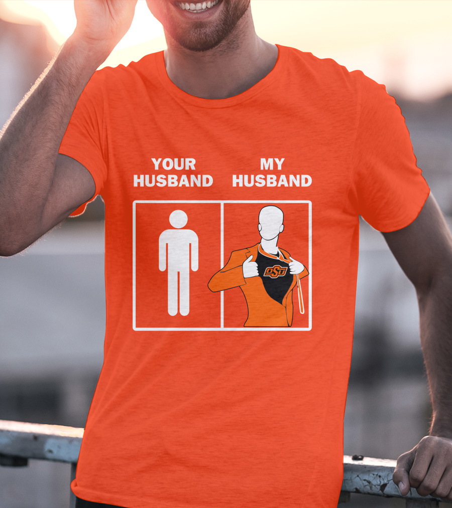 Oklahoma State Cowboys Your Husband My Husband OSU Logo Superhero Orange Suit T-Shirt