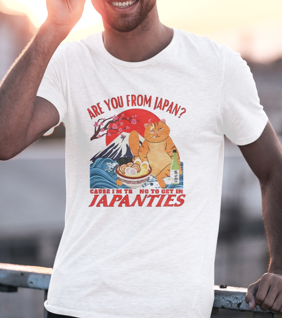 Are You From Japan Funny Cat Japanties Sushi Mt. Fuji Background T-Shirt