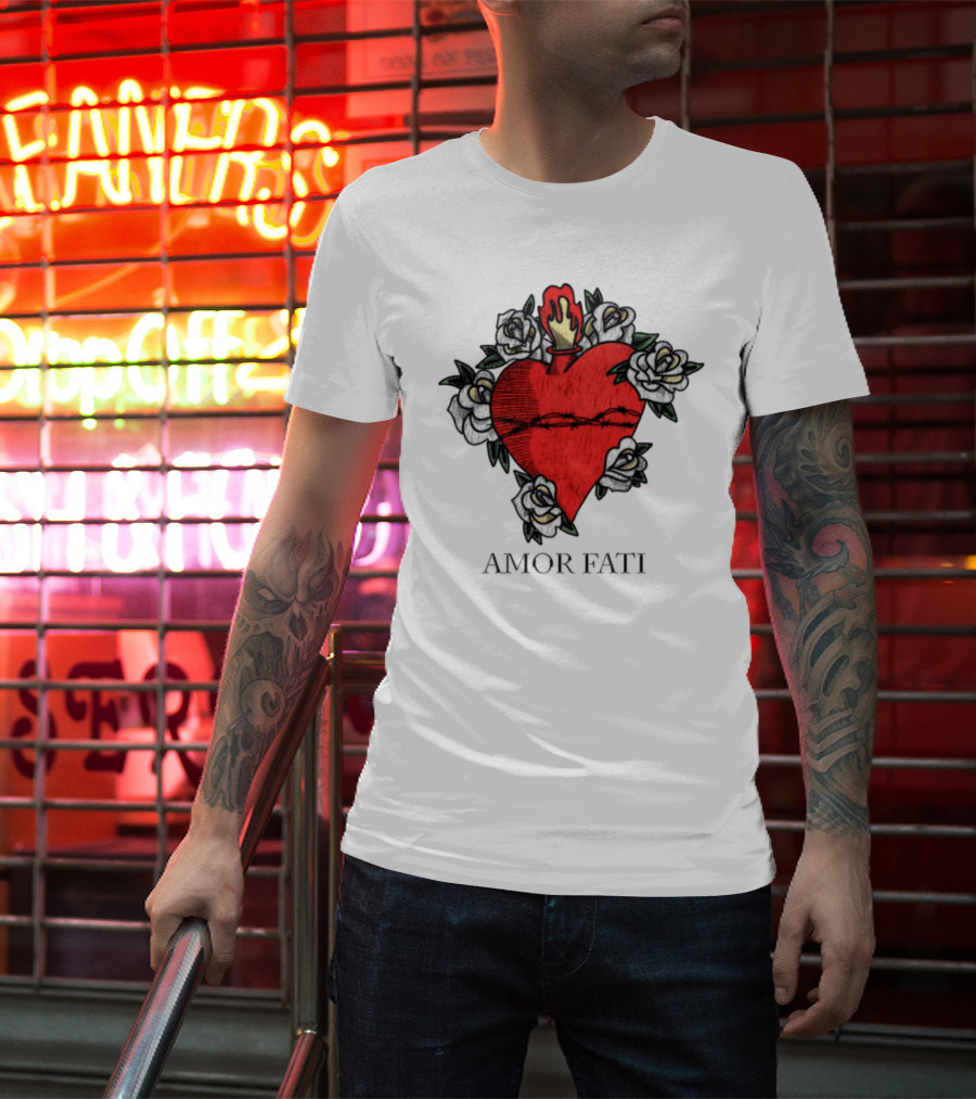 Amor Fati Sacred Heart Barbed Wire Roses Flame T-Shirt