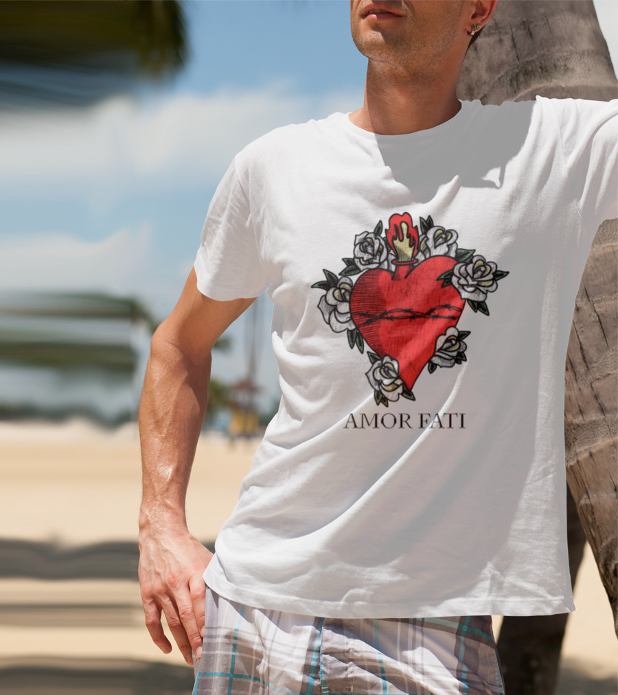Amor Fati Sacred Heart Barbed Wire Roses Flame T-Shirt